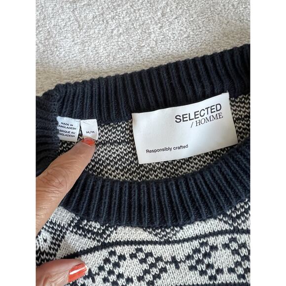 Selected Homme Jacquard knit Nordic Sweater Men's Blue Cotton Denmark size-M - Picture 4 of 6